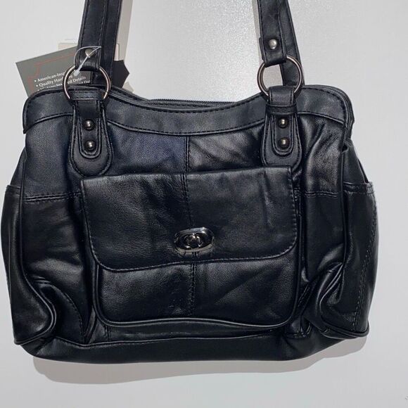Embassy Women's Black Genuine Leather Top Zip Double Strap Shoulder Bag OS NWT